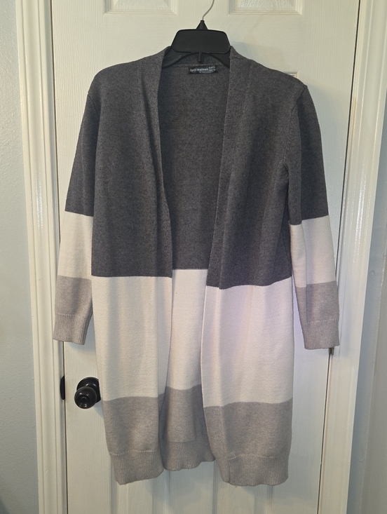 Sarin Mathews Sweaters - Three-Tone Gray & White Open Front Long Cardigan